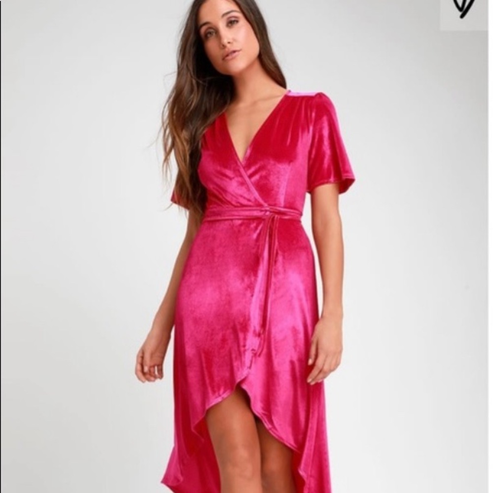 Lulus: Hot Pink Velvet High-Low Wrap Dress
